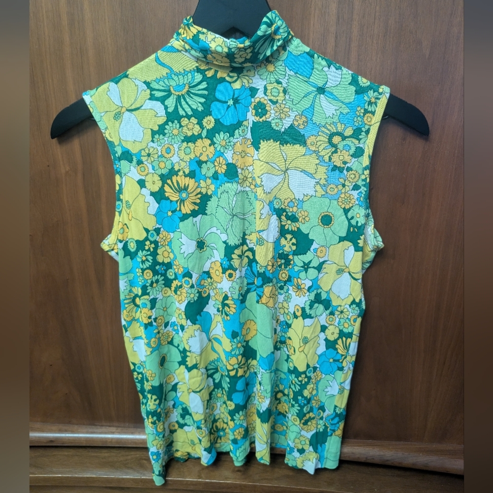 Vintage Green & Yellow Floral Sleeveless Mock Neck Top